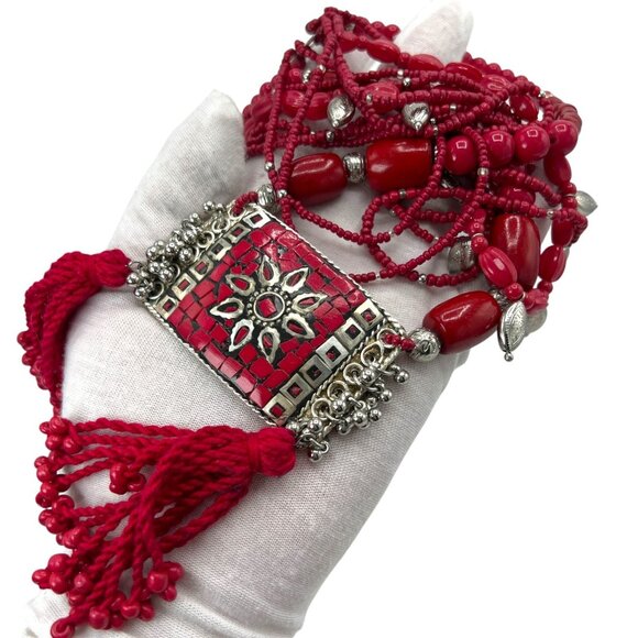 CHICO'S Red Long Beaded Necklace Multi Strand Silver Boho Braided Statement - Picture 4 of 7